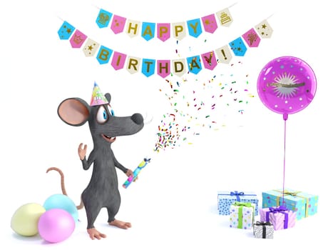 3D rendering of a cute smiling cartoon mouse shooting a party popper or confetti cannon and celebrating a happy birthday party. White background with balloons, gifts and celebration banners.