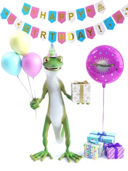 3D rendering of a cool green gecko or lizard holding three balloons in one hand and a wrapped present in the other celebrating a happy birthday party. White background with gifts and celebration banners.