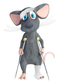 3D rendering of an injured cartoon mouse wearing a head bandage and with a broken leg and leg cast on crutches. White background.