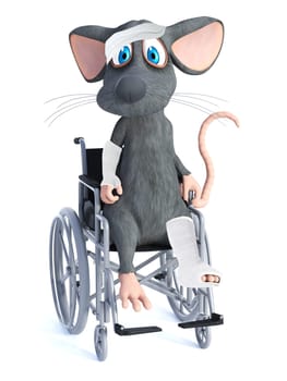 3D rendering of an injured cartoon mouse wearing a head bandage and with a broken leg and arm sitting in a wheelchair. He is looking sad. White background.