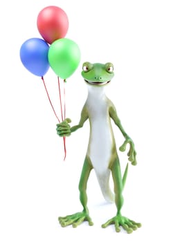 3D rendering of a cool green gecko or lizard standing up and holding three balloons in his hand. White background.