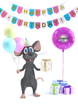 3D rendering of a cute smiling cartoon mouse holding three balloons in one hand and a wrapped present in the other celebrating a happy birthday party. White background with gifts and celebration banners.