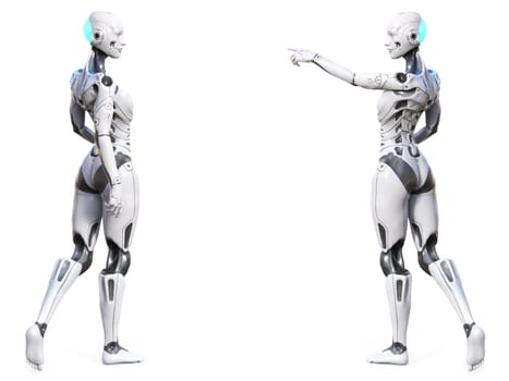 3D rendering of two android robot woman posing with their backs against the camera and facing each other. White background.