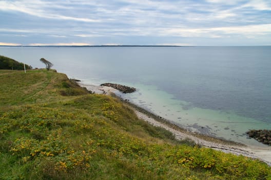 Hundested, Denmark on the cliff overlooking the sea. Baltic Sea coast, grassy meadow, beach. Clouds on horizon. Landscape photo from Scandinavia.