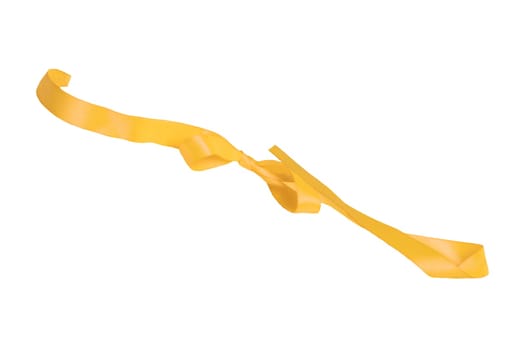 Gift bows. Closeup of a decorative yellow ribbon bow made of silk for gift box isolated on a white background. Decorations background. Macro photograph.