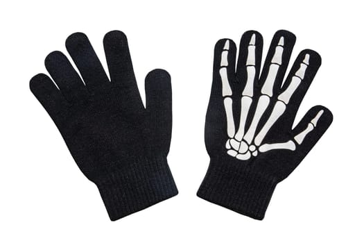 Halloween equipment. Close-up of a pair of skeleton gloves isolated on a white background.