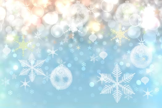 Abstract blurred festive winter christmas or Happy New Year background with shiny pink and blue bokeh lighted xmas balls and stars. Space for your design. Card concept.
