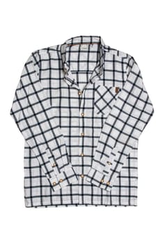 Checked shirts. Close-up of a black and white tartan or plaid shirt for mens isolated on a white background. Clipping path. Summer fashion of mans clothes.