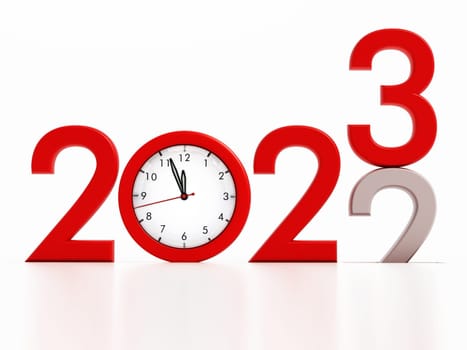 2022 with a clock pointing to 12 o'clock changing to the new year 2023. 3D illustration.