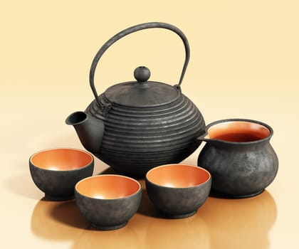 Vintage Chinese teapot and teacups. 3D illustration.