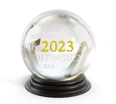 New year 2023 on crystal ball isolated on white background. 3D illustration.