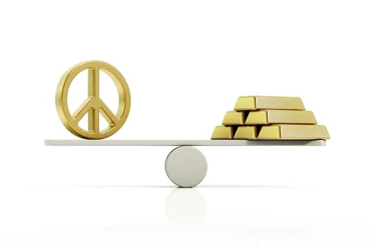 Peace symbol and gold ingots standing in balance on the two sides of the seesaw. 3D illustration.