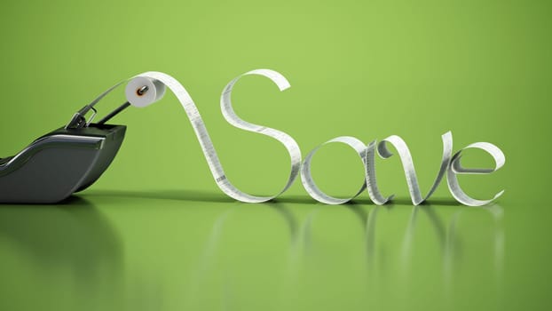 Save word forming from printing calculator receipts. 3D illustration.