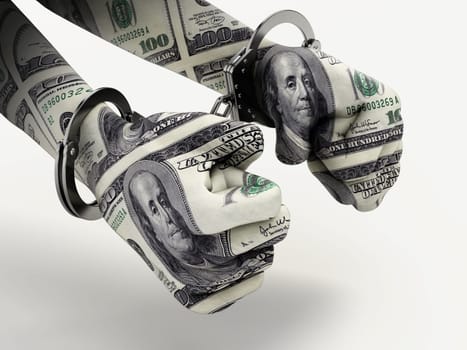 Handcuffed hands with dollar texture. 3D illustration.