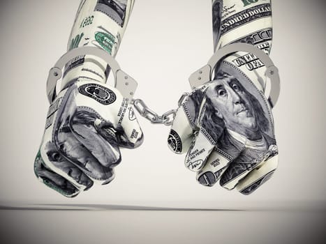 Handcuffed hands with dollar texture. 3D illustration.