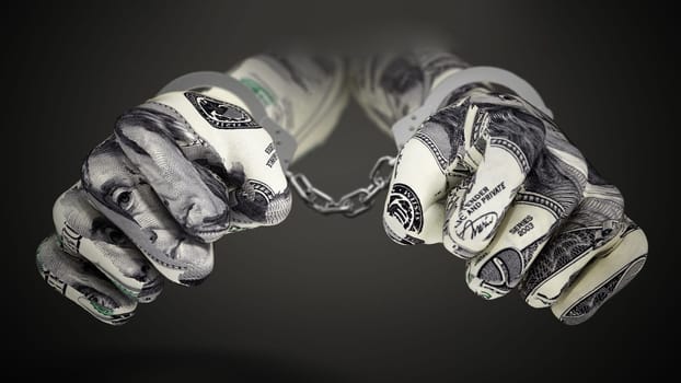 Handcuffed hands with dollar texture. 3D illustration.