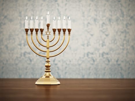 Hanukkah candles on wooden table against vintage wallpaper. 3D illustration.