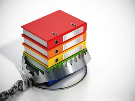 Colorful stack of folders inside bear trap. 3D illustration.