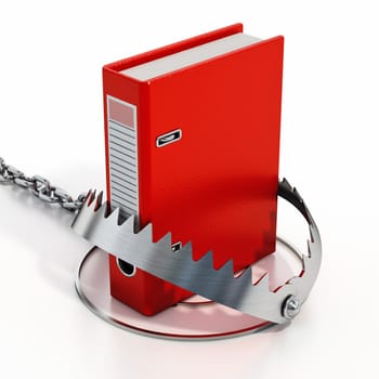 Red folder inside bear trap. 3D illustration.
