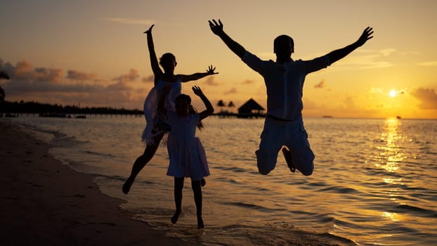 Happy Family Beach Fun In Summer In Sunset. Happy Tropical Travel