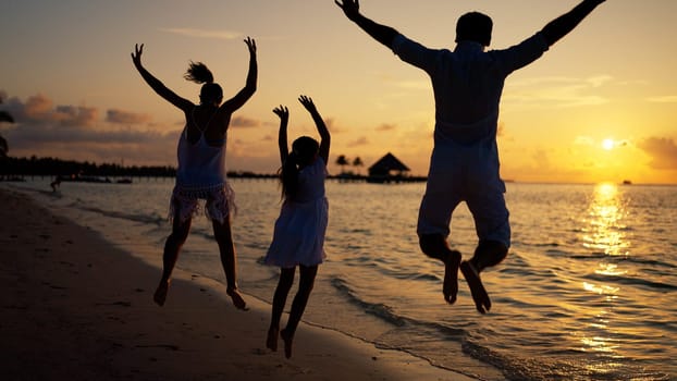 Happy Family Beach Fun In Summer In Sunset. Happy Tropical Travel
