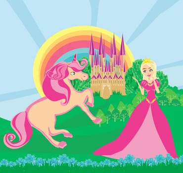pink unicorn and beautiful queen in front of her castle