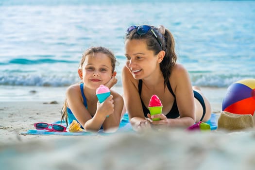 Family Ocean Beach Vacation. Mother Happiness. Happy Mom Lifestyle