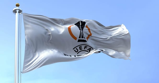 Budapest HU, Nov 2022: UEFA Europa League flag waving in the wind. Europa League is an annual football club competition for european clubs.