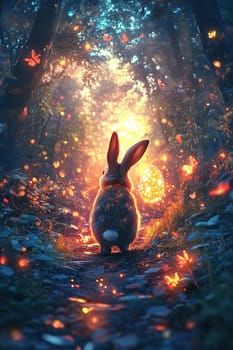 A rear view of a rabbit running through a magical forest.