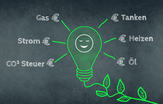 Green light bulb with a plant cable, words like fuel costs, electricity price in german language, eco friendly energy