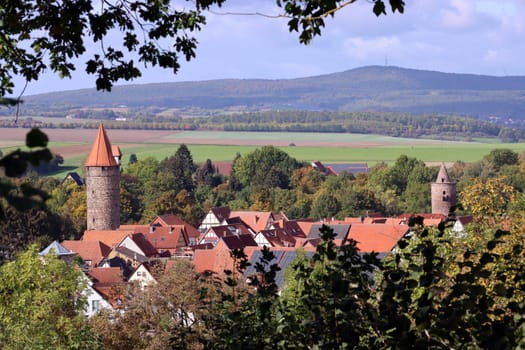 Blick von der Burgruine auf die historische Altstadt, Hessen, Deutschland, Grebenstein