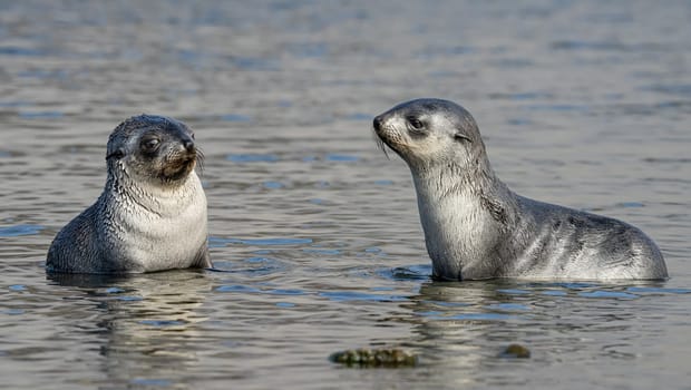 2 young pretty Antarctic fur seals Antarctic fur seal babies (Arctocephalus gazella) playing Together in South Georgia in their natural environment in the water