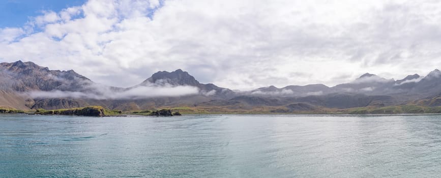 Panorama view from the sea (Cumberland West Bay) to South Georgia towards Lagoon Point - Jason Harbour