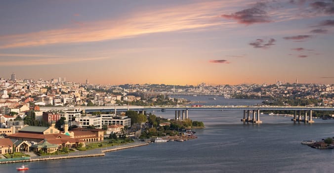 Istanbul city view from Pierre Loti Teleferik station overlooking Golden Horn, Eyup District, Istanbul, Turkey, before sunset