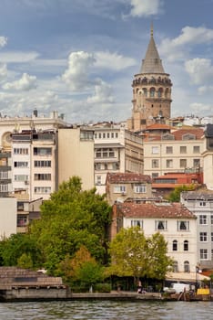 Istanbul city view of Golden Horn, Turkey, from the sea with Galata Tower in the far end