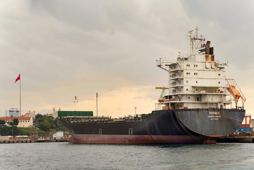 Bandar Abbas, container ship, docked at the shipyard of the Port of Haydarpasha with Turkish flag in the background, at Kadikoy district, Istanbul, Turkey