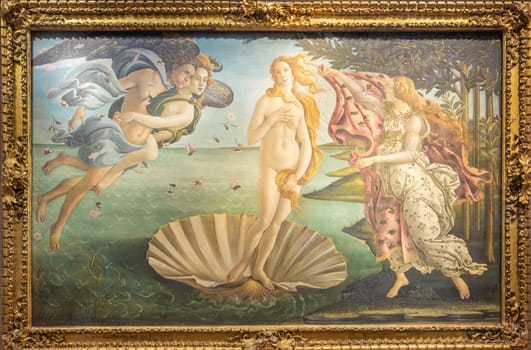 Florence, Italy - circa July 2021. Alessandro Botticelli - The Birth of Venus, 1485. Renaissance art in Uffizi Museum