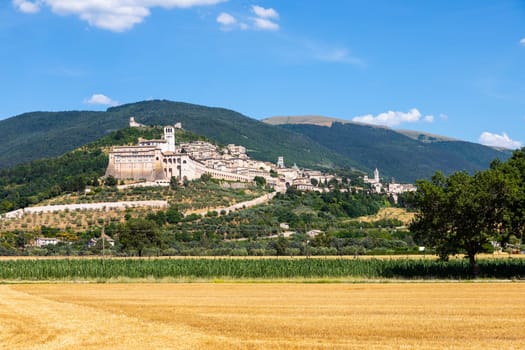 Assisi village in Umbria region, Italy. The town is famous for the most important Italian St. Francis Basilica (Basilica di San Francesco)