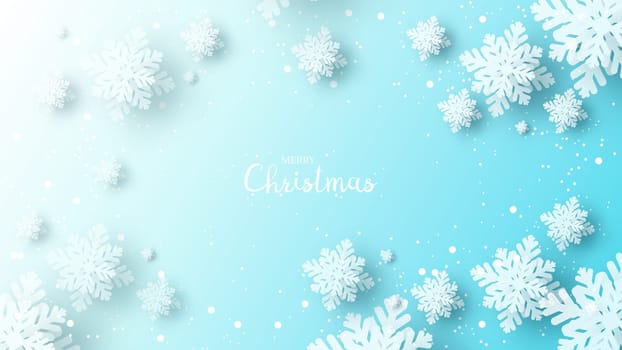 Christmas background with paper art snowflakes. Abstract paper cut snowflakes backdrop. Greeting card for winter holidays.