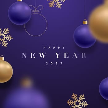 Happy new year 2023. Hanging golden metallic balls, shiny snowflakes, 3d metallic and stars on dark violet background. Festive design template for winter holidays.