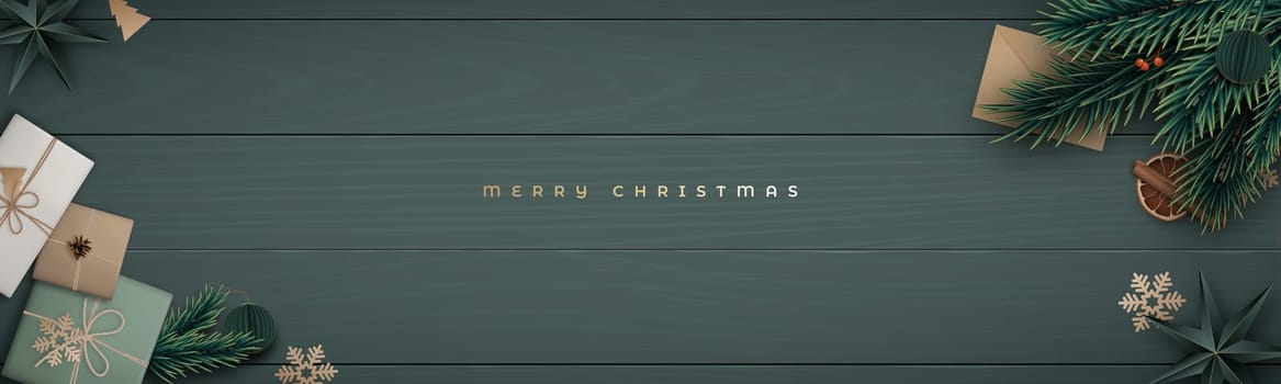 Merry Christmas horizontal banner with fir tree branch, cinnamon, orange slice, berries, gift craft box, envelope and pine cone on dark green wooden floor. Flat lay composition. Rustic style.