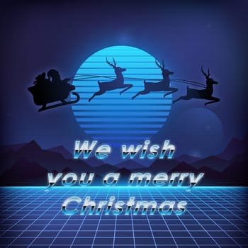 Christmas illustration in cyberpunk style. Santa Claus with bag of gifts and flying deer over grid planet. We wish you a merry Christmas. Retrowave Xmas 80s.