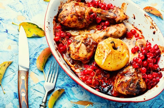 Chicken meat in apple and berry marinade.