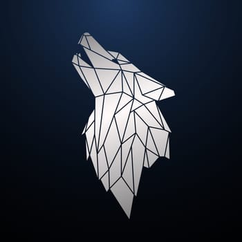Silver Low Poly Wolf Head. Wild Wolf in geometric style. Silver animal emblem. Howling wolf. Stock vector illustration.