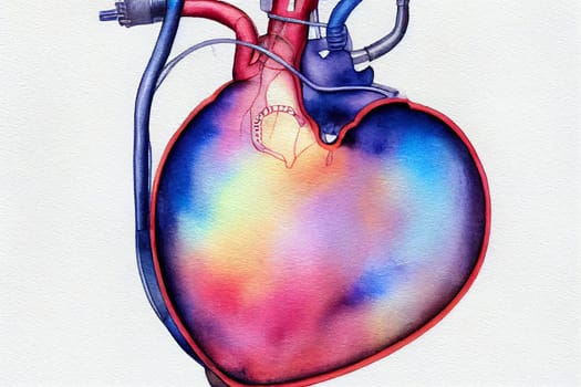 Watercolor illustration of an artificial heart on a white background. An artificial heart is a device that replaces the heart.
