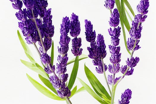 Watercolor illustration of lavender on a white background. Lavandula (common name lavender) is a genus of 47 known species of flowering plants in the mint family, Lamiaceae.