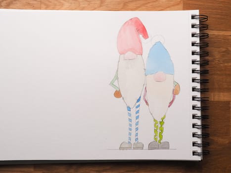 Two gnomes as watercolor drawing to use as Christmas card, hand made seasonal gift card, space for text or images