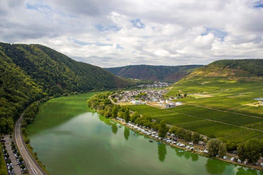 Aerial view of the Moselle valley with vineyards seen from castle Metternich in Beilstein, Rhineland-Palatinate, Germany.