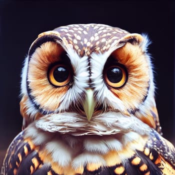 Cute owl bird with big eyes, portrait of animal of prey, illustration