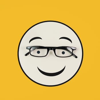 Head with a happy face and eyeglasses, mental health concept, positive mindset, support and evaluation symbol